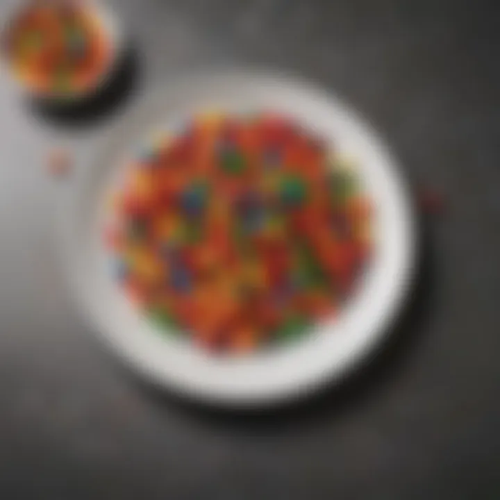 A colorful arrangement of finished Skittles on a plate