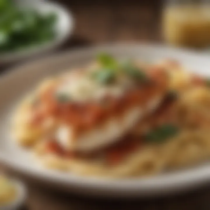 Plated chicken parmesan with a side of pasta and herbs