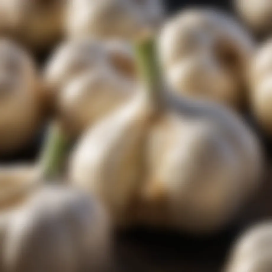 A close-up of whole garlic bulbs ready for roasting, showcasing their texture and color.