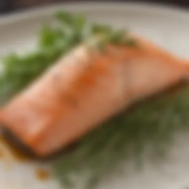 Elegant salmon dish garnished with herbs.