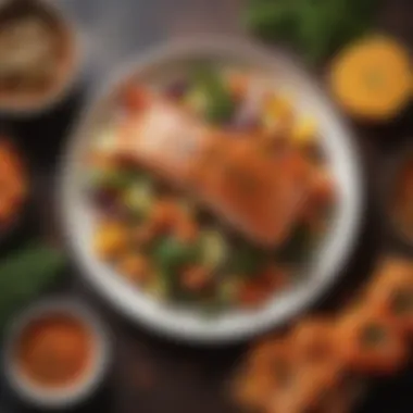 Artfully Plated Glazed Salmon Plated glazed salmon with colorful vegetables.