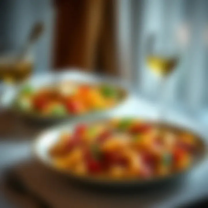 A cozy table setting with two plates of pasta and salad