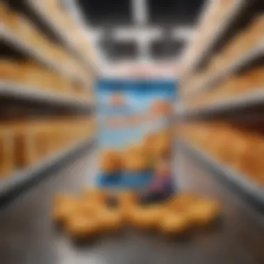 Aldi chicken nuggets in a frozen food aisle, highlighting brand visibility