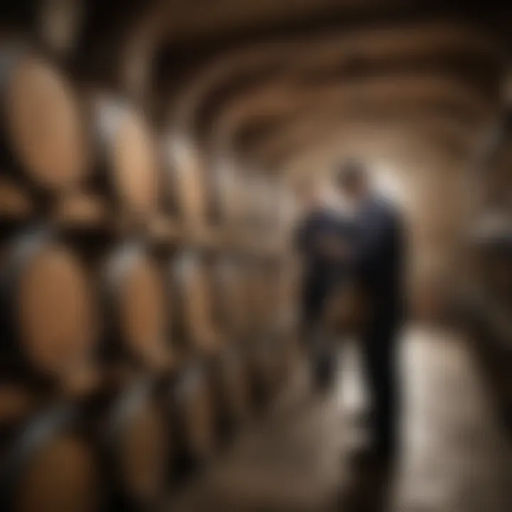 Artisan winemakers carefully inspecting barrels in a rustic cellar