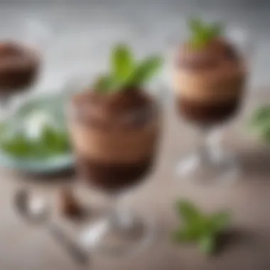 An exquisite chocolate mousse dessert served in elegant glassware, garnished with mint leaves