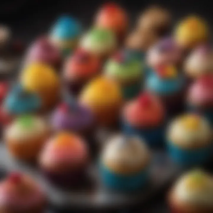 A vibrant assortment of colorful cupcakes with unique toppings arranged artfully on a platter