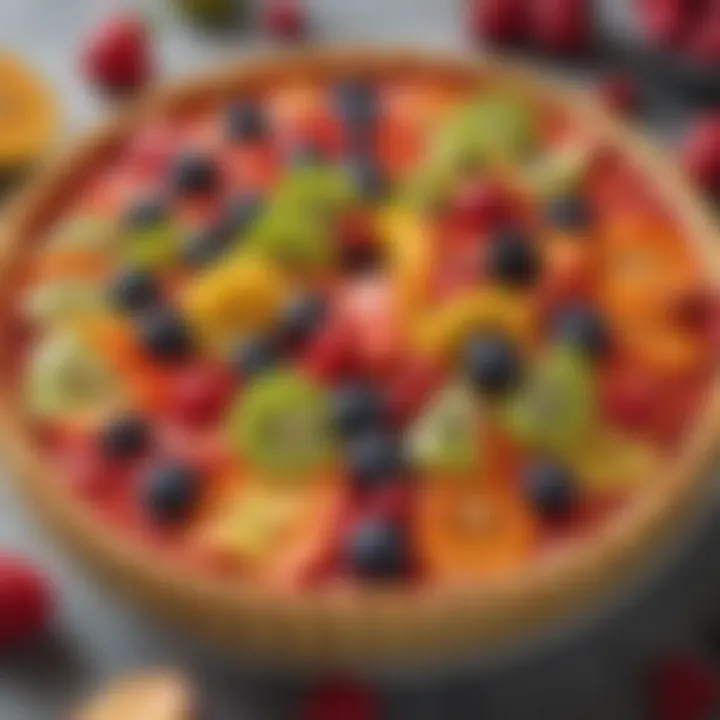 A delectable fruit tart featuring a glossy glaze and an array of seasonal fruits elegantly displayed