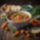 A vibrant bowl of artisan soup filled with seasonal vegetables and herbs.