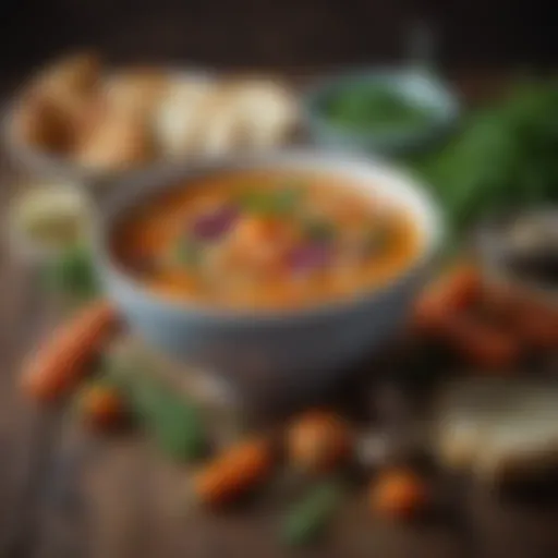 A vibrant bowl of artisan soup filled with seasonal vegetables and herbs.