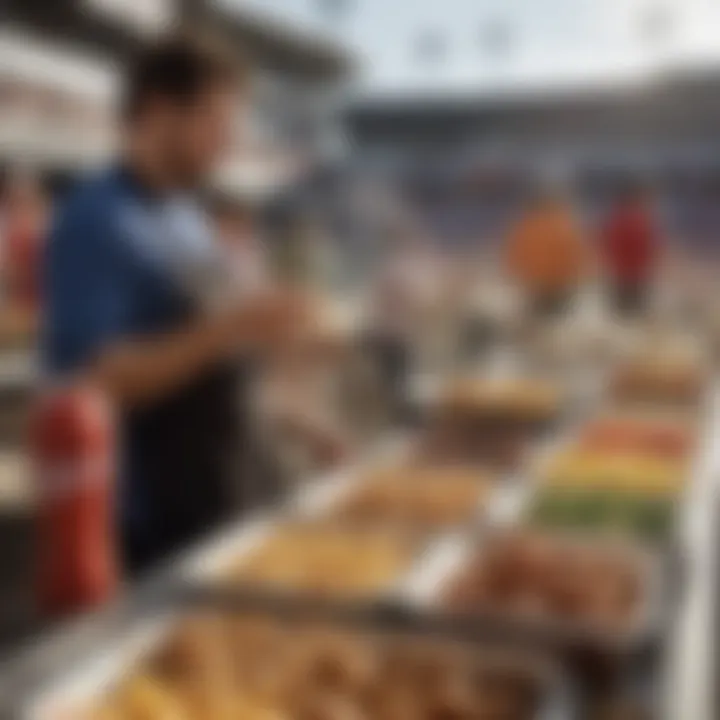 A bustling ballpark scene with fans enjoying diverse food offerings