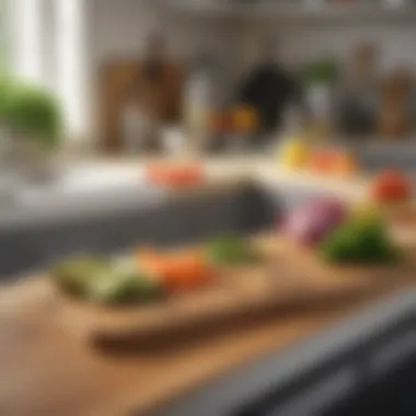 Bamboo cutting board in a kitchen setting with fresh ingredients