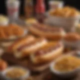 A vibrant spread of classic ballpark snacks including hot dogs, pretzels, and popcorn.