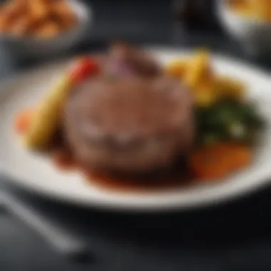 A gourmet plate featuring rib eye steak alongside seasonal vegetables