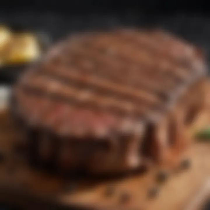 A close-up of rib eye steak grilled to perfection with grill marks