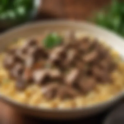 A tantalizing bowl of beef stroganoff garnished with fresh herbs