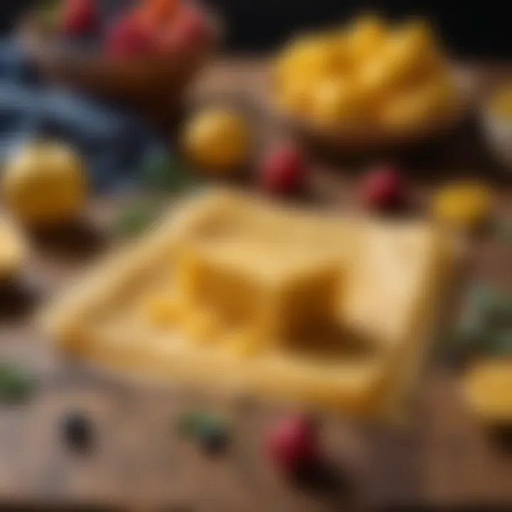 Beeswax wraps on a wooden table next to fruits