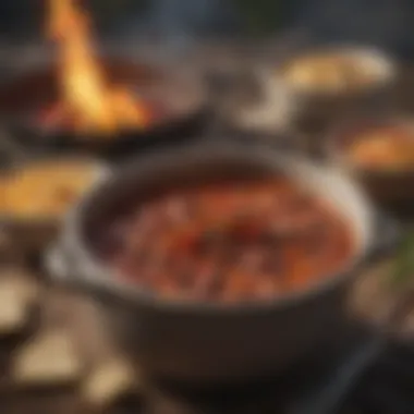 A hearty campfire chili bubbling in a pot