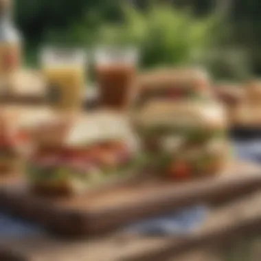 A gourmet sandwich with fresh ingredients on a picnic table