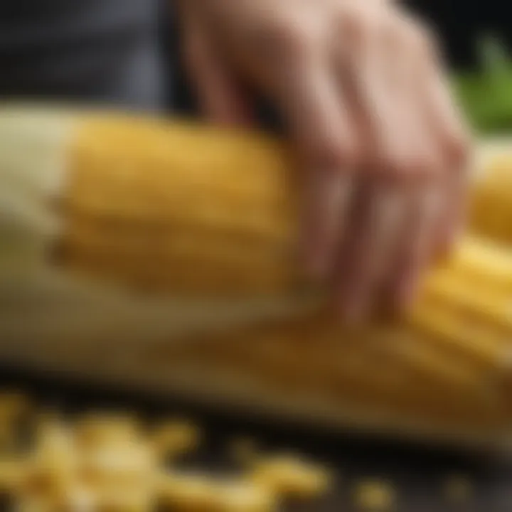 Close-up view of a corn on the cob being peeled efficiently