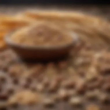 A selection of whole grains and nuts on a wooden table