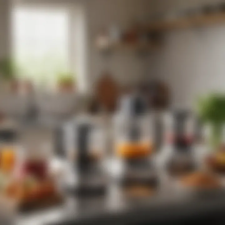 An organized kitchen space featuring multiple food processor models.