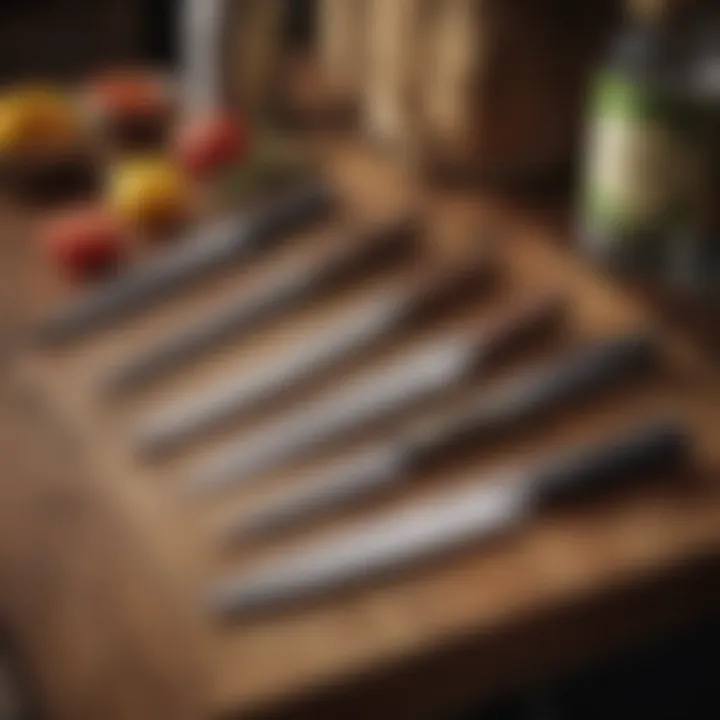 A selection of knife sets arranged aesthetically on a wooden countertop