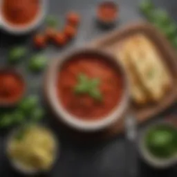 A vibrant bowl of classic marinara sauce garnished with fresh basil