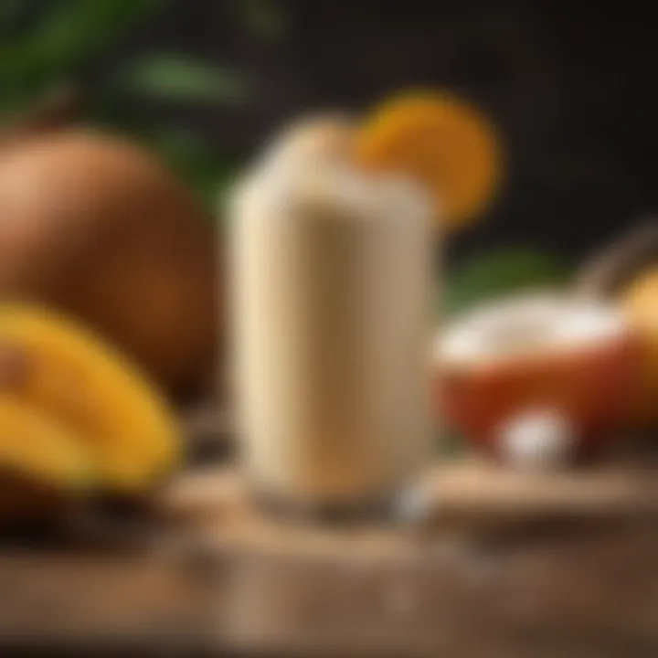 An exotic tropical protein shake featuring mango and coconut