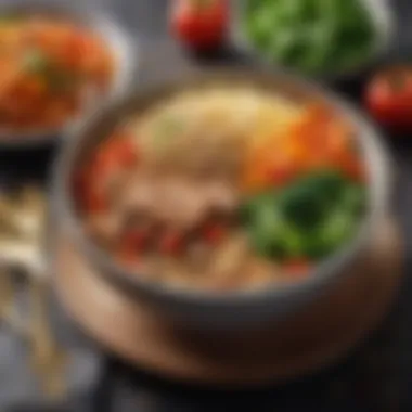 A close-up of a nutritious premade meal with colorful vegetables and grains presented in a stylish bowl.