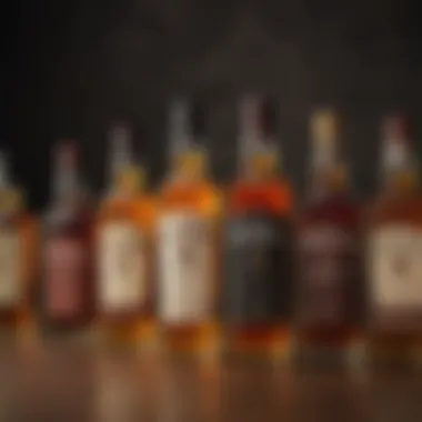 A variety of whiskey bottles arranged artistically, each representing different regions and styles.