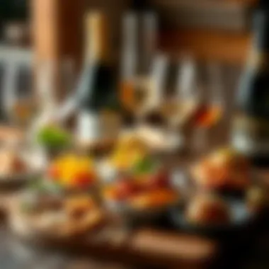 An assortment of gourmet food paired with sparkling wine