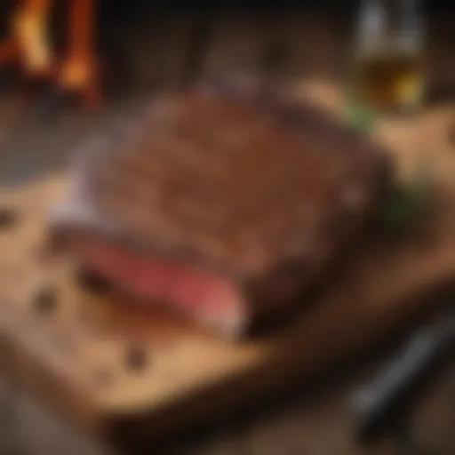 A perfectly grilled porterhouse steak on a rustic wooden board