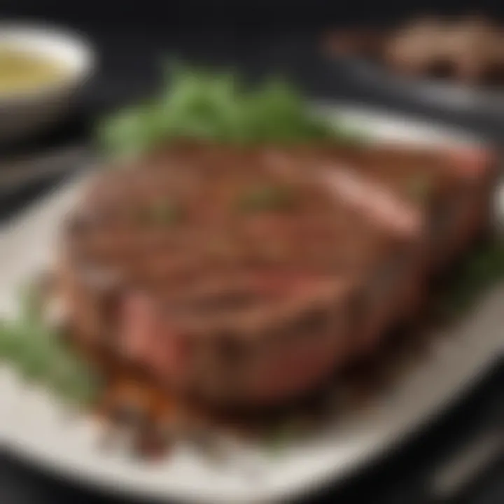 Seasoning a porterhouse steak with fresh herbs and spices