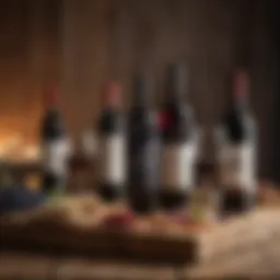 A selection of various wines on a rustic wooden table.