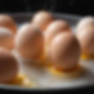 A close-up of eggs in a pot of boiling water.