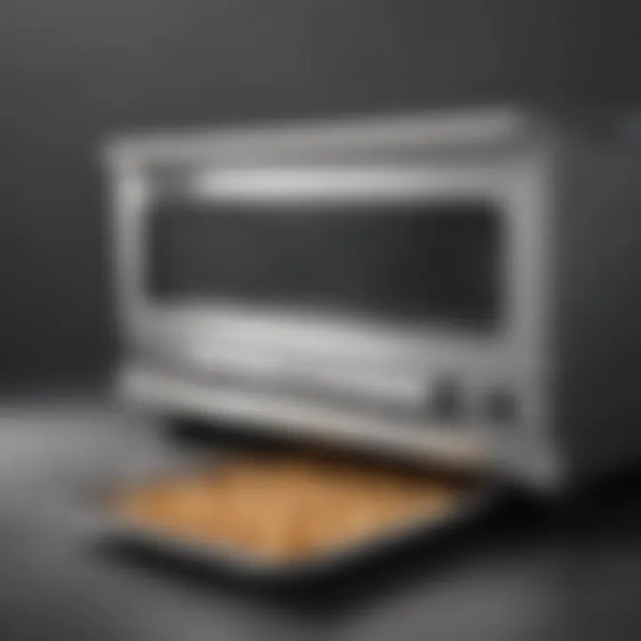 Illustration showing the functionality of the crumb tray in collecting food debris.