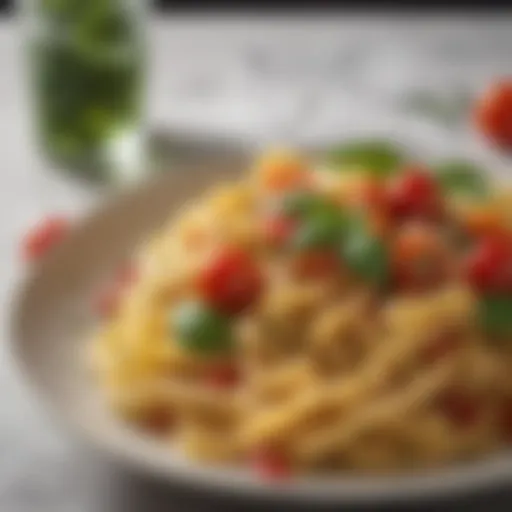 A delightful plate of pasta adorned with fresh basil and vibrant cherry tomatoes