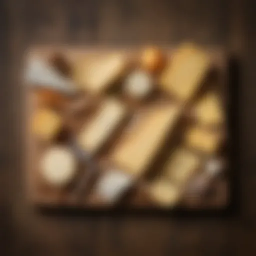 Illustration of various certified gluten-free cheese varieties on a rustic wooden board