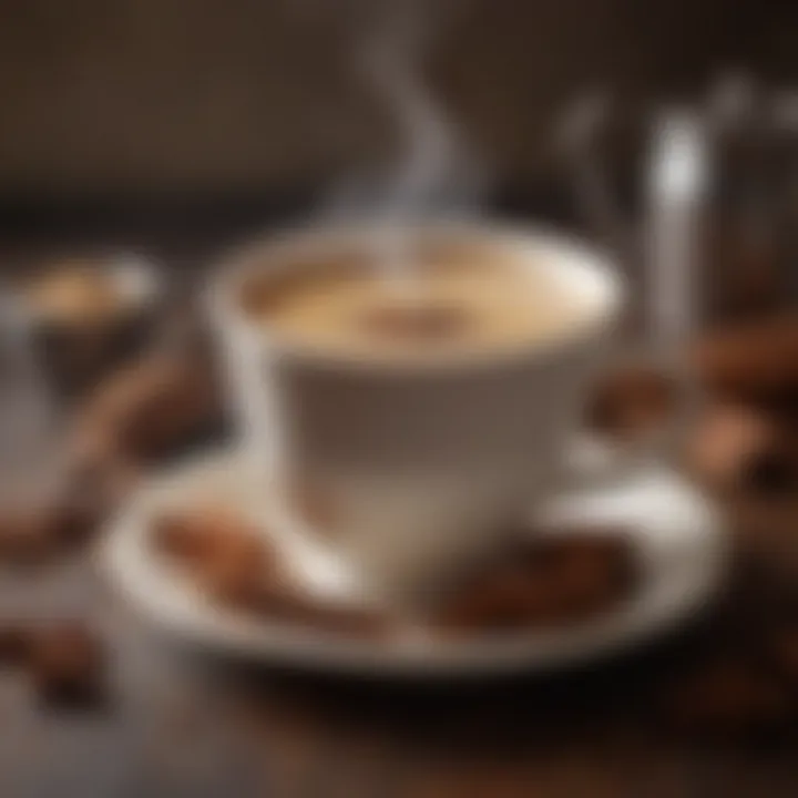 A steaming cup of chai tea with aromatic spices around it.