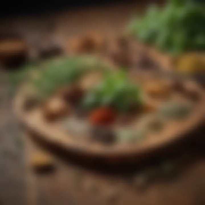 An assortment of fresh herbs and spices on a wooden surface.