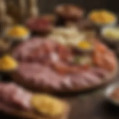 An artistic arrangement of meats and cheeses paired with Emeril mustard, illustrating its versatility