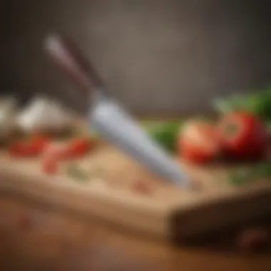 Close-up of a high-quality chef's knife resting on a chopping board