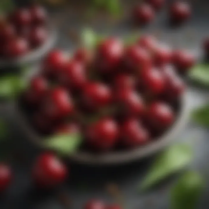 A close-up of cherries with a backdrop of fresh herbs and spices