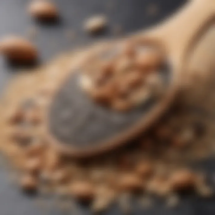 A close-up on a spoonful of chia seeds surrounded by various grains and nuts