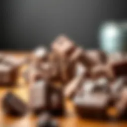 A close-up of rich, melting chocolate chunks on a wooden surface