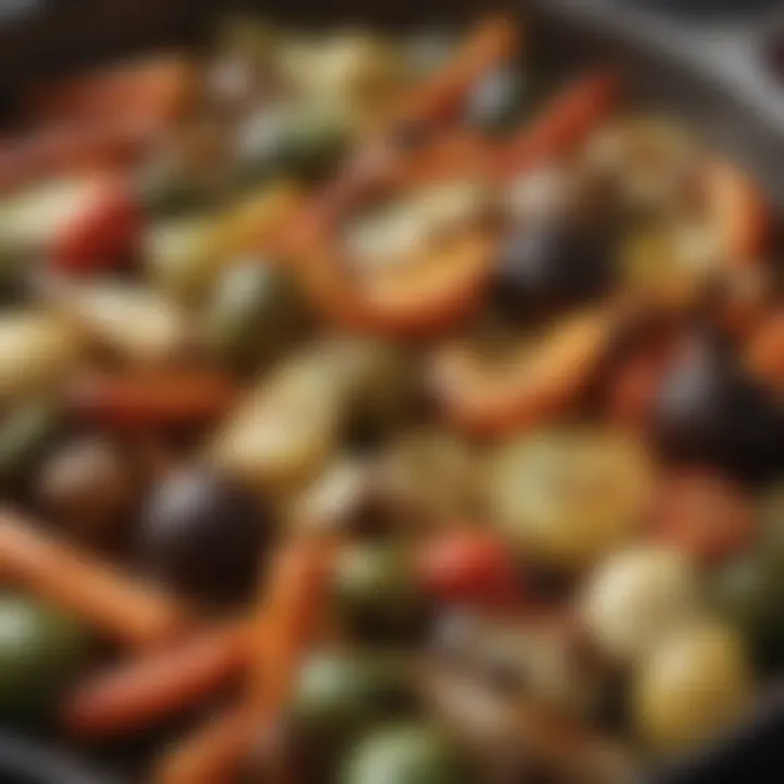 Close-up of a perfectly roasted vegetable medley in a quality pan