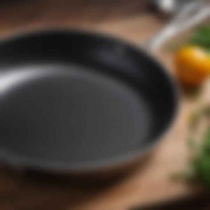 A close-up view of a PFOA-free non-stick pan showcasing its smooth surface.