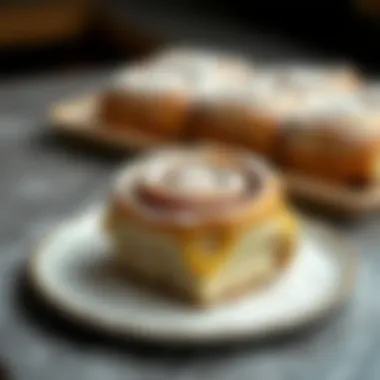 A beautifully plated cinnamon roll with a dusting of powdered sugar