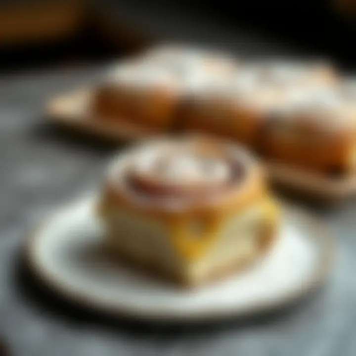 A beautifully plated cinnamon roll with a dusting of powdered sugar