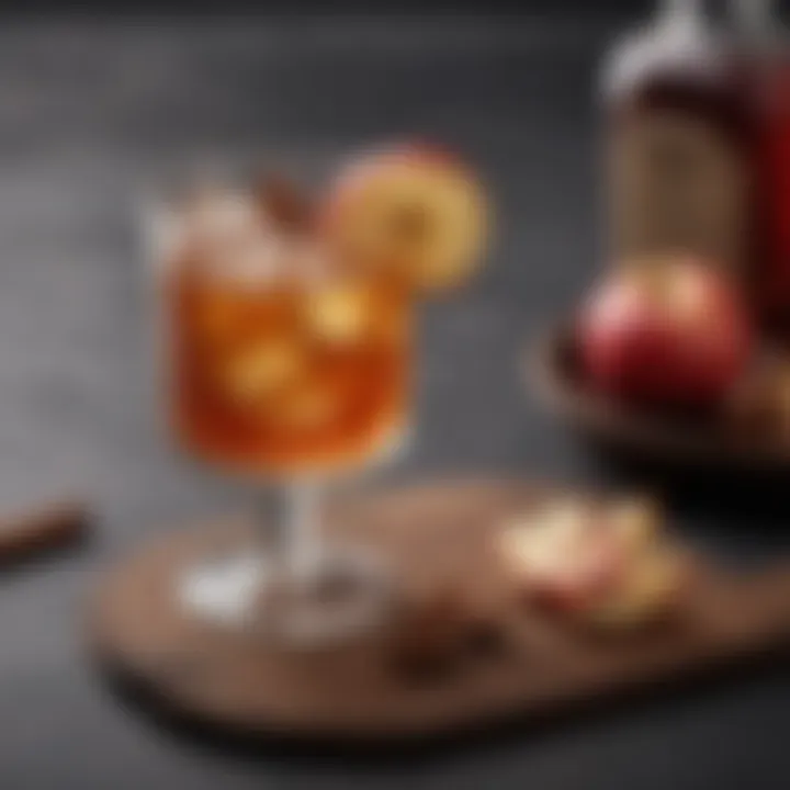 An elegant cocktail glass filled with a cinnamon whiskey cocktail, garnished with an apple slice and a sprinkle of cinnamon.